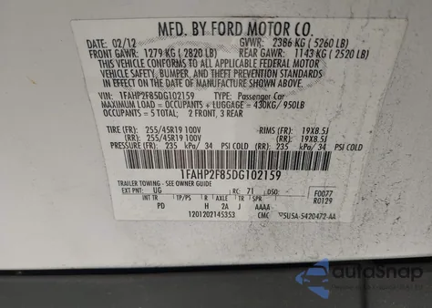 2013 Ford Taurus Limited z USA, uszkodzony, nr VIN 1FAHP2F85DG102159